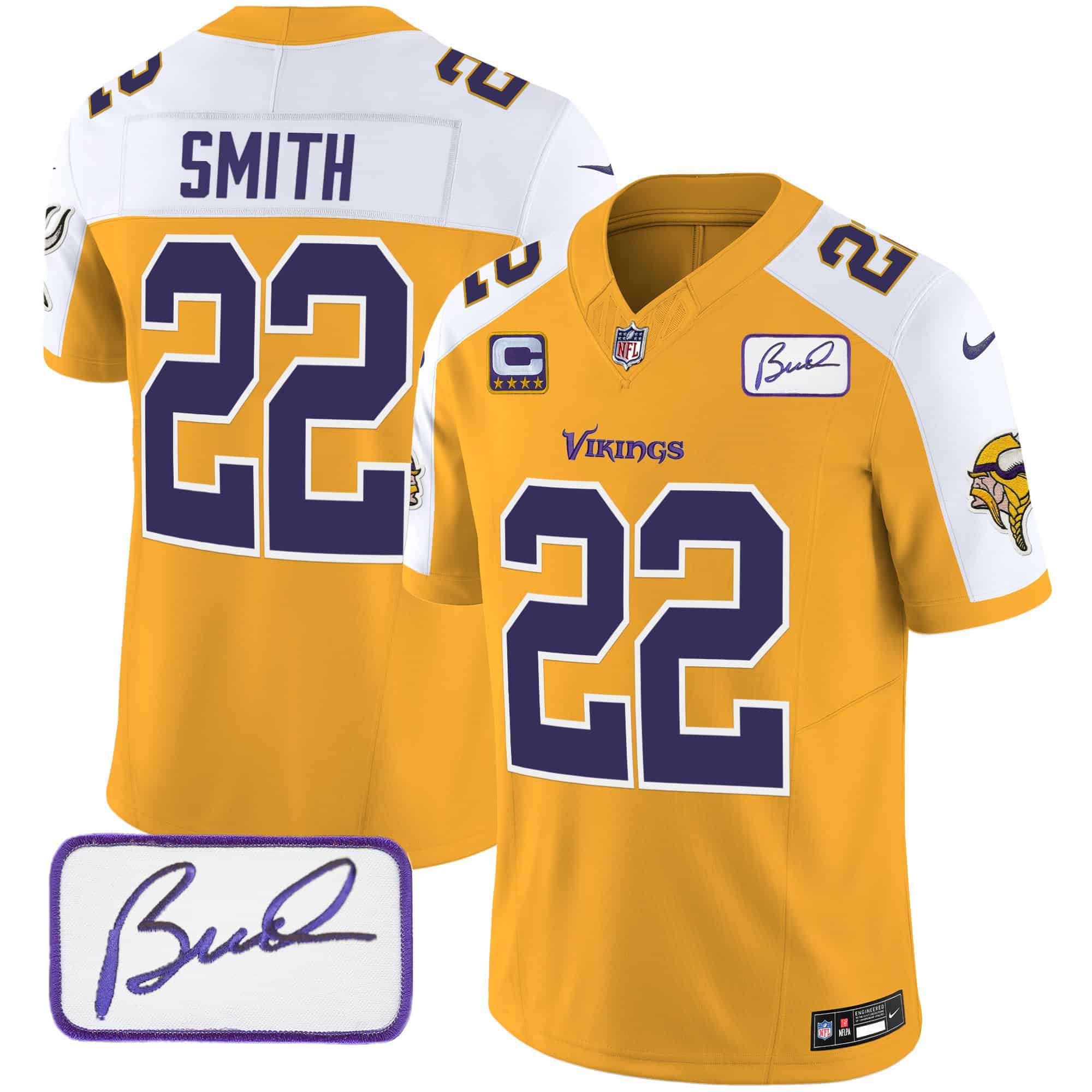 Men Minnesota Vikings 22 Smith Yellow 2024 Nike Bud Grant Patch Classic Limited NFL Jersey style 2